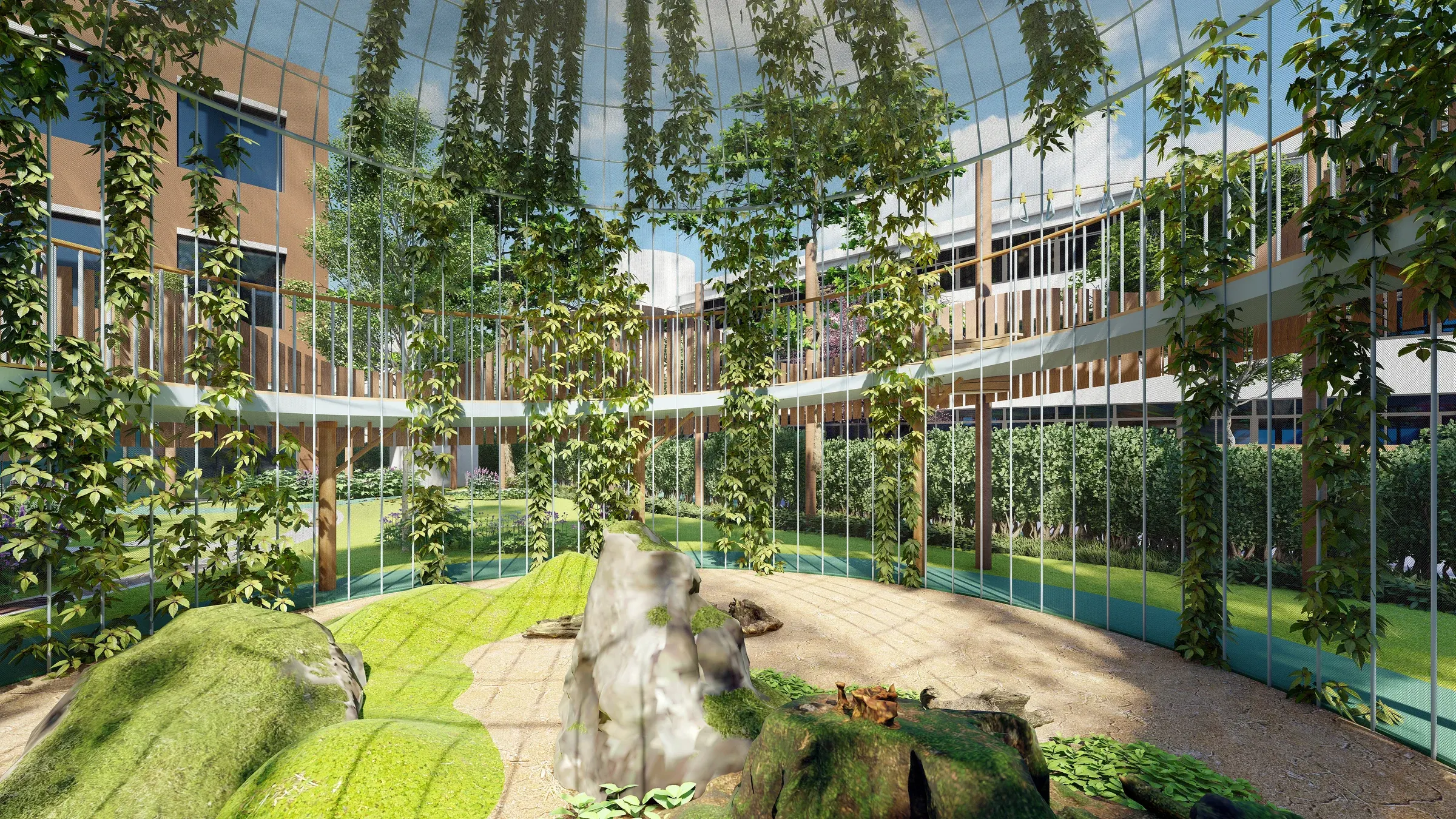 建筑围合庭院内布置玻璃植物房与自然地面活动区域