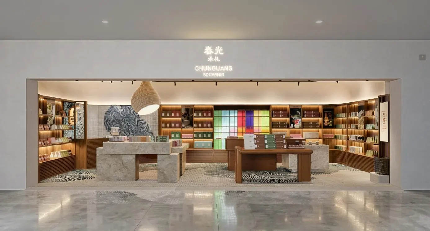 商业展示空间入口以木质框架和开放式店面呈现